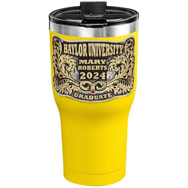 A customized tumbler made of stainless steel with a personalized engraved name and Baylor University lettering, 30 oz, ideal for coffee or cool drinks